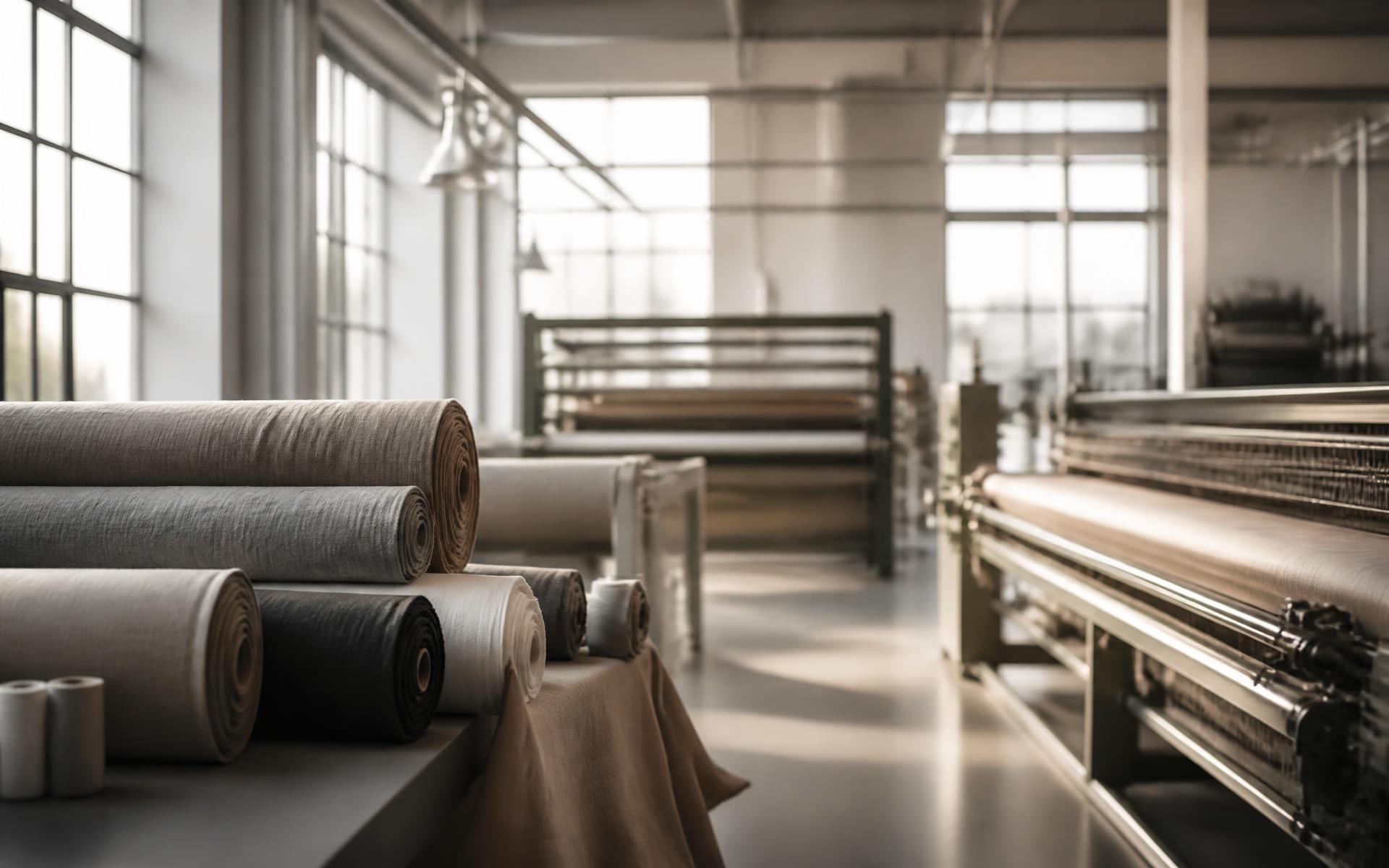 Interior of a modern textile manufacturing facility with rolls of premium fabric